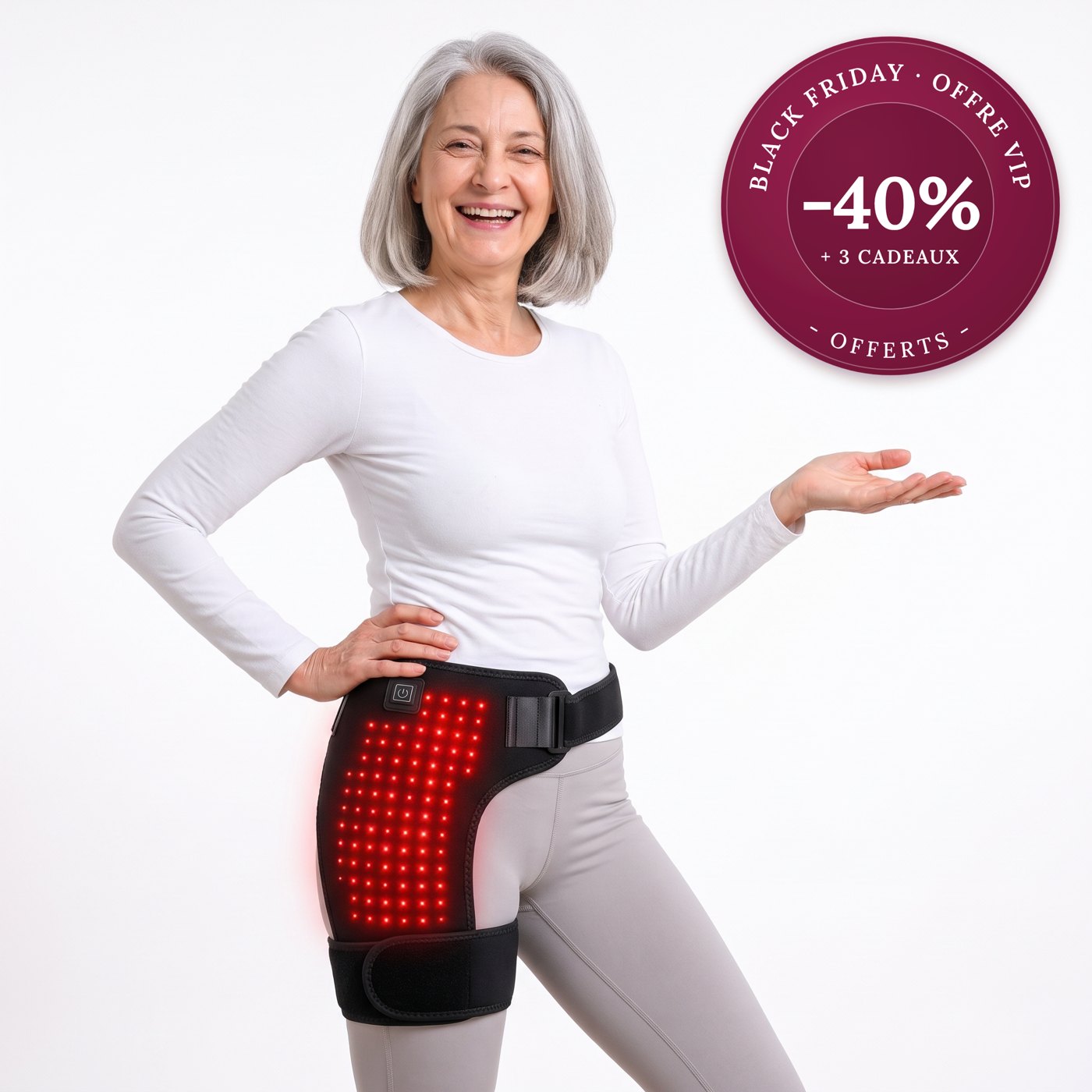 Femme qui porte la ceinture Lumera Pro Hanche sur la hanche, offre VIP Black Friday