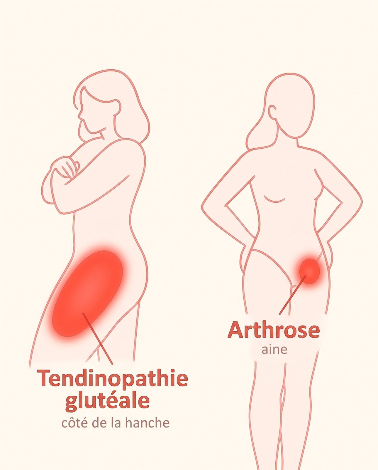 Tendinopathie glutéale sur le côté de la hanche, arthrose dans l'aine